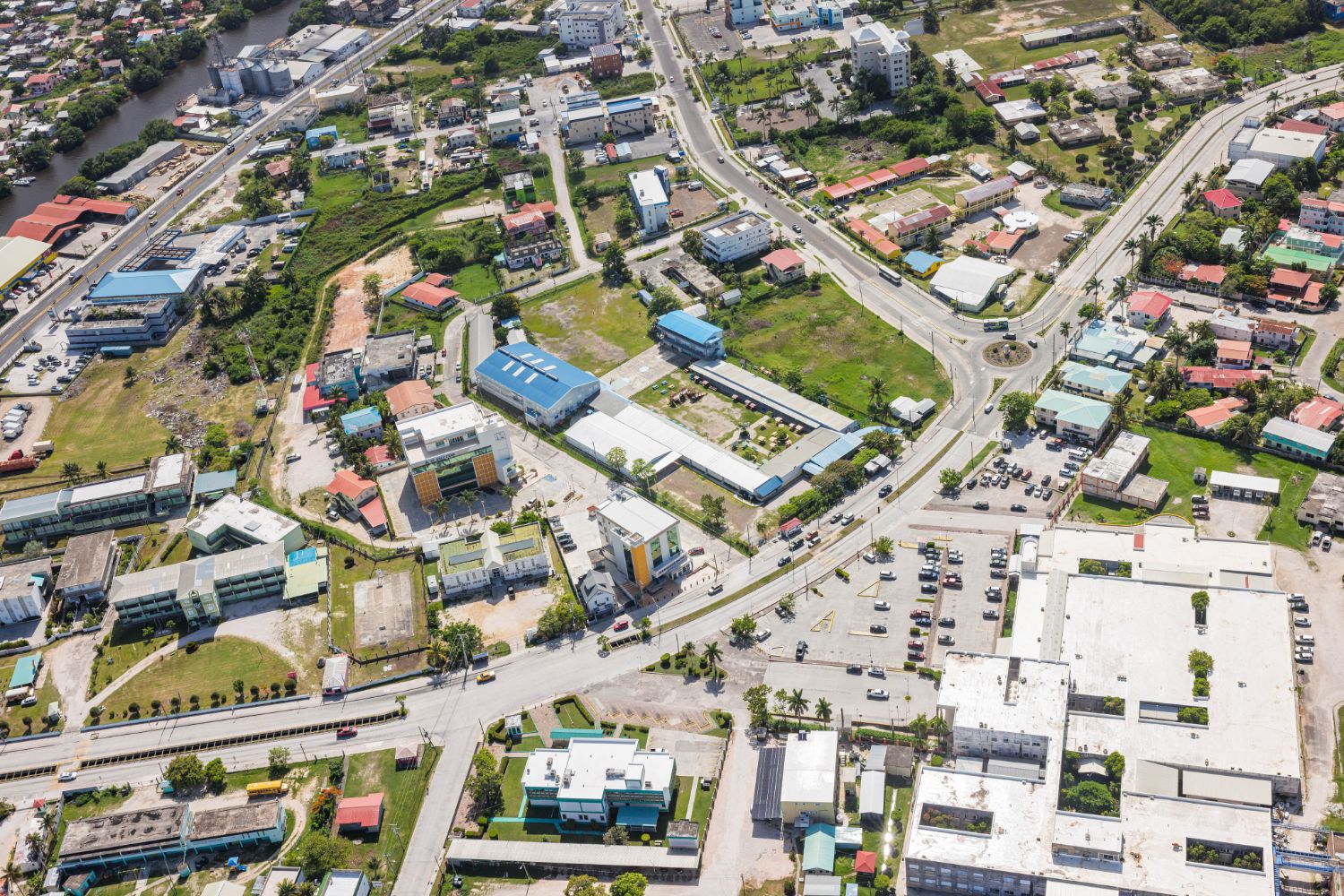 Aerial view of the Belize Elementary School and Belize High School campus and surrounding neighborhood